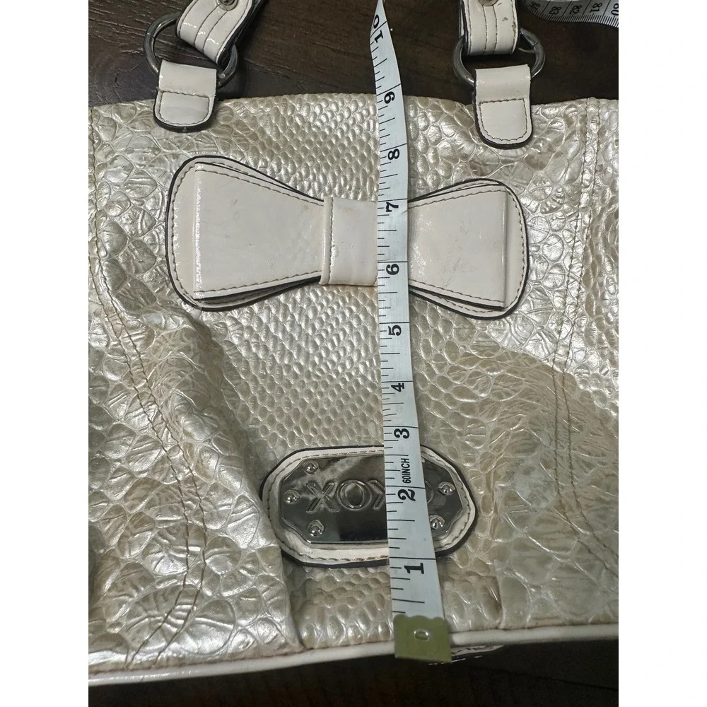 XOXO Cream‎ Faux Snakeskin Embossed Satchel Handbag with Bow Detail Silver Logo